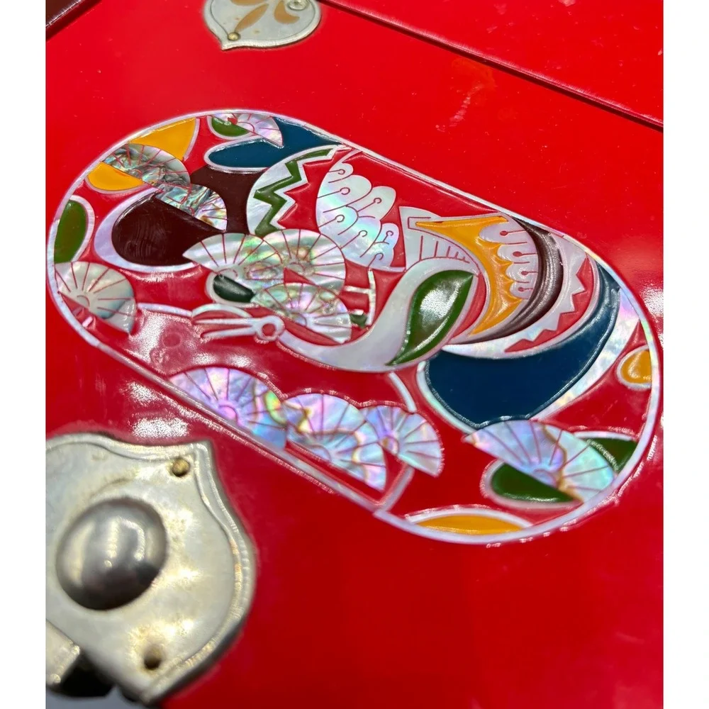 Vintage Red Lacquer Jewelry Box Sun Moon Deer Inlay Brass Accents Asian‎
